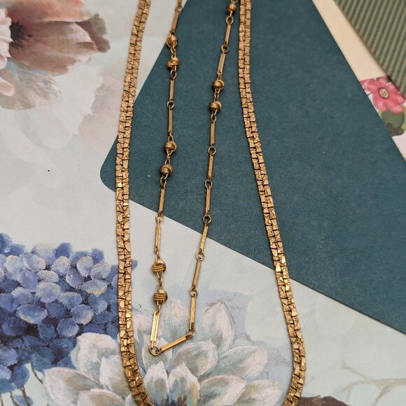 Unique 16" Two Strands Necklace Chain Mix Gold Tone 1960s Diva Glam - Picture 5 of 7